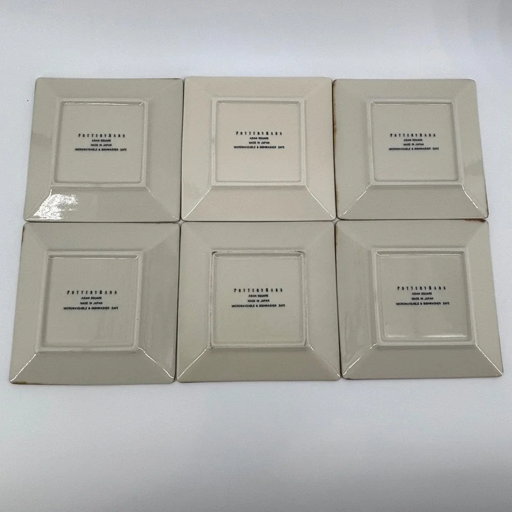 Pottery Barn Asian Square 12pc Set 6 Noodle Bowls 6 Plates Putty Brown Rim Japan